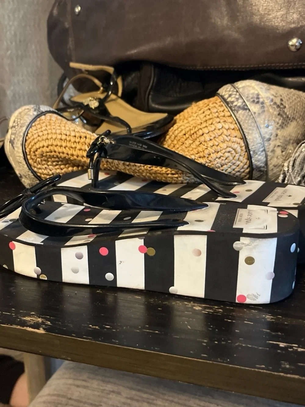 kate spade Black and White Striped Polka Dot Wedge Flip Sandals